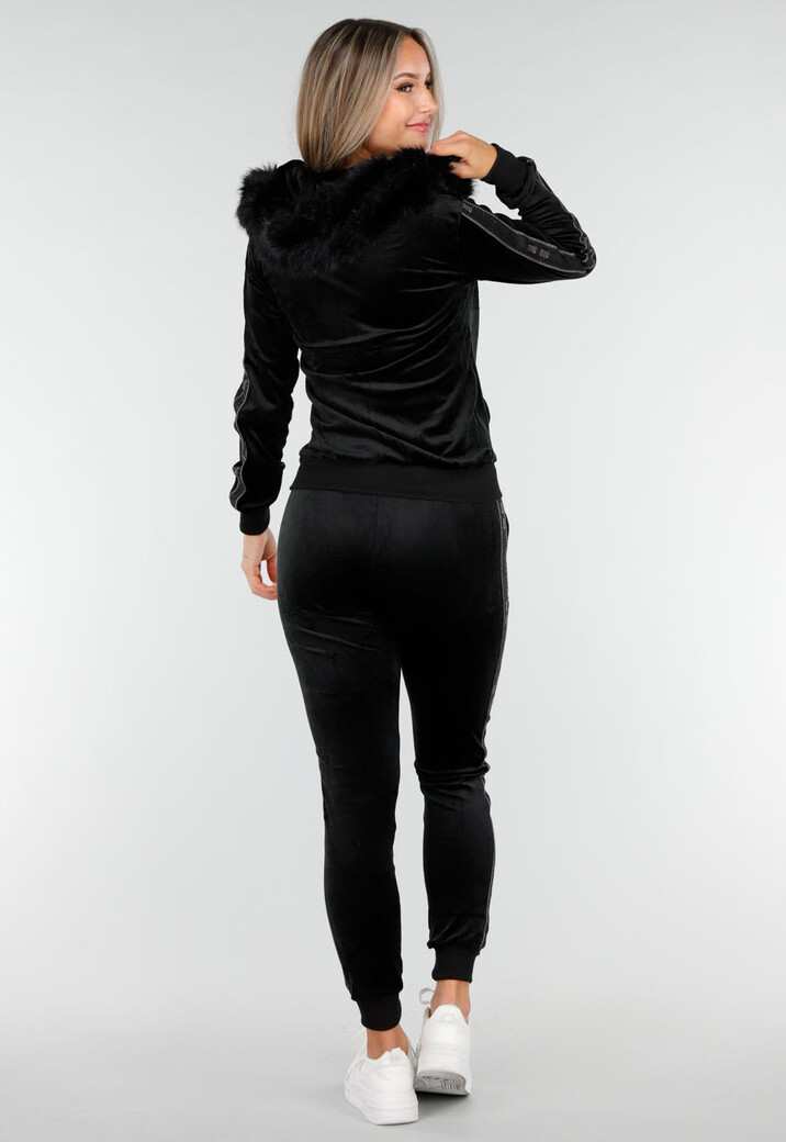 Zwart Velours Joggingpak met Capuchon en Nepbont