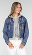 Blauwe Denim Jas met Grijze Capuchon en Zakken met Rits