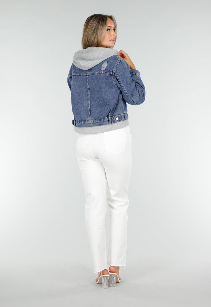 Blauwe Denim Jas met Grijze Capuchon en Zakken met Rits
