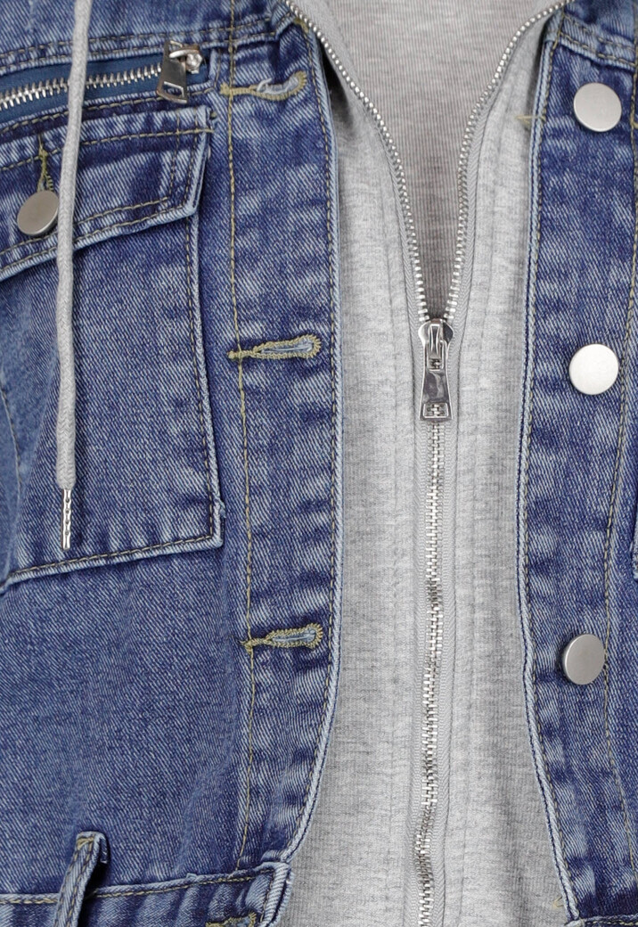 Blauwe Denim Jas met Grijze Capuchon en Zakken met Rits