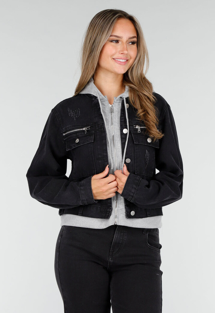Zwarte Denim Jas met Grijze Capuchon en Zakken met Rits