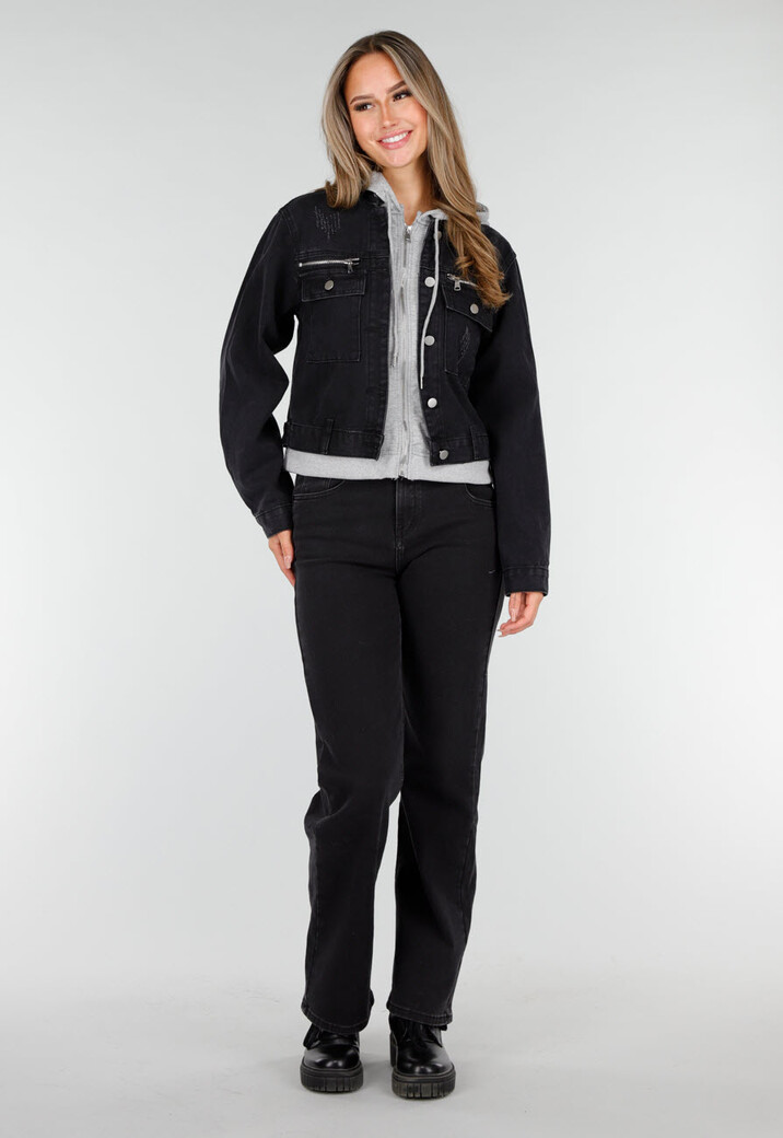Zwarte Denim Jas met Grijze Capuchon en Zakken met Rits