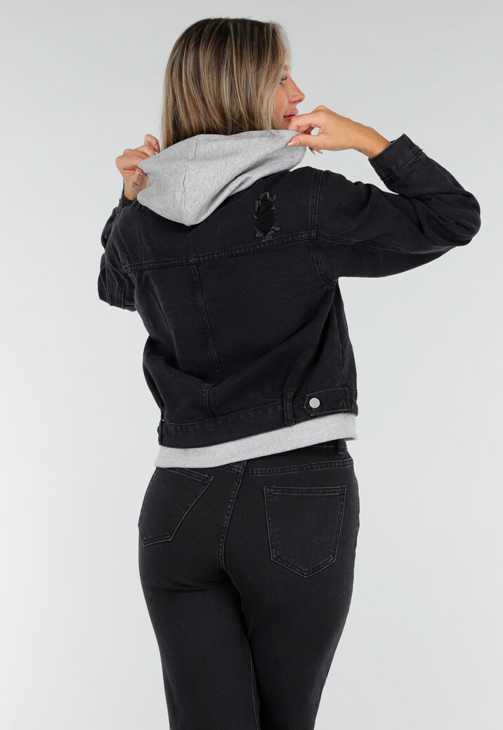 Zwarte Denim Jas met Grijze Capuchon en Zakken met Rits