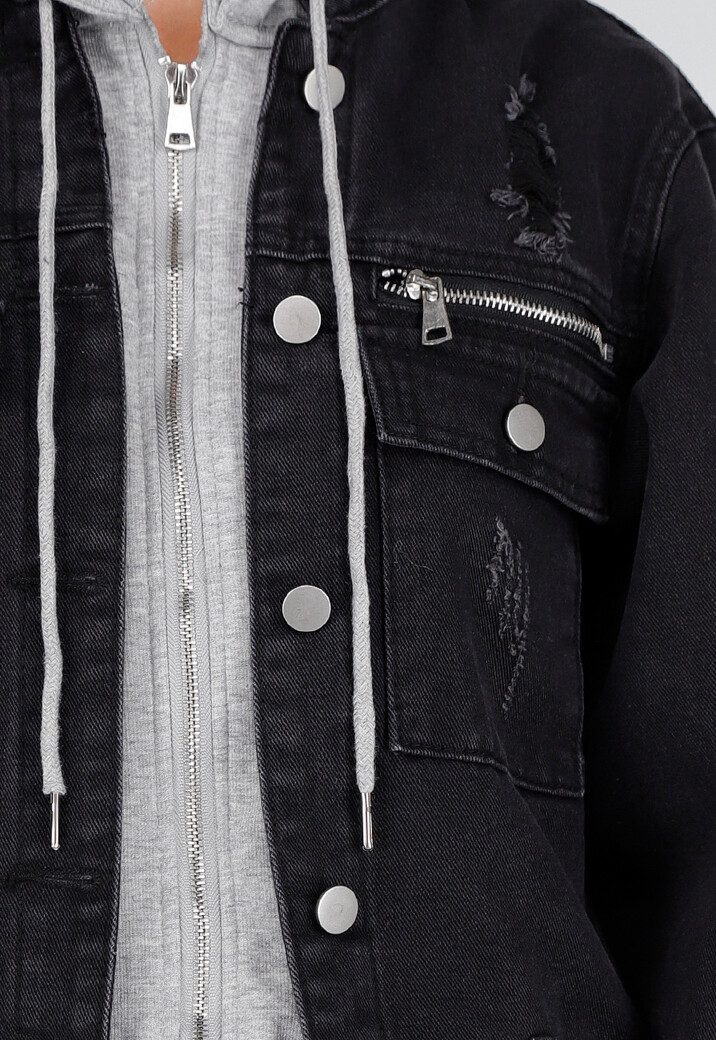 Zwarte Denim Jas met Grijze Capuchon en Zakken met Rits