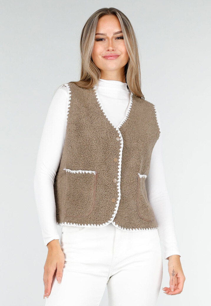 Bruin Teddy Gilet met Witte Randen en Knoopsluiting