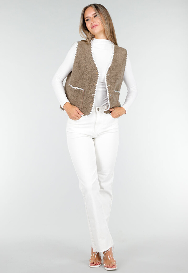 Bruin Teddy Gilet met Witte Randen en Knoopsluiting
