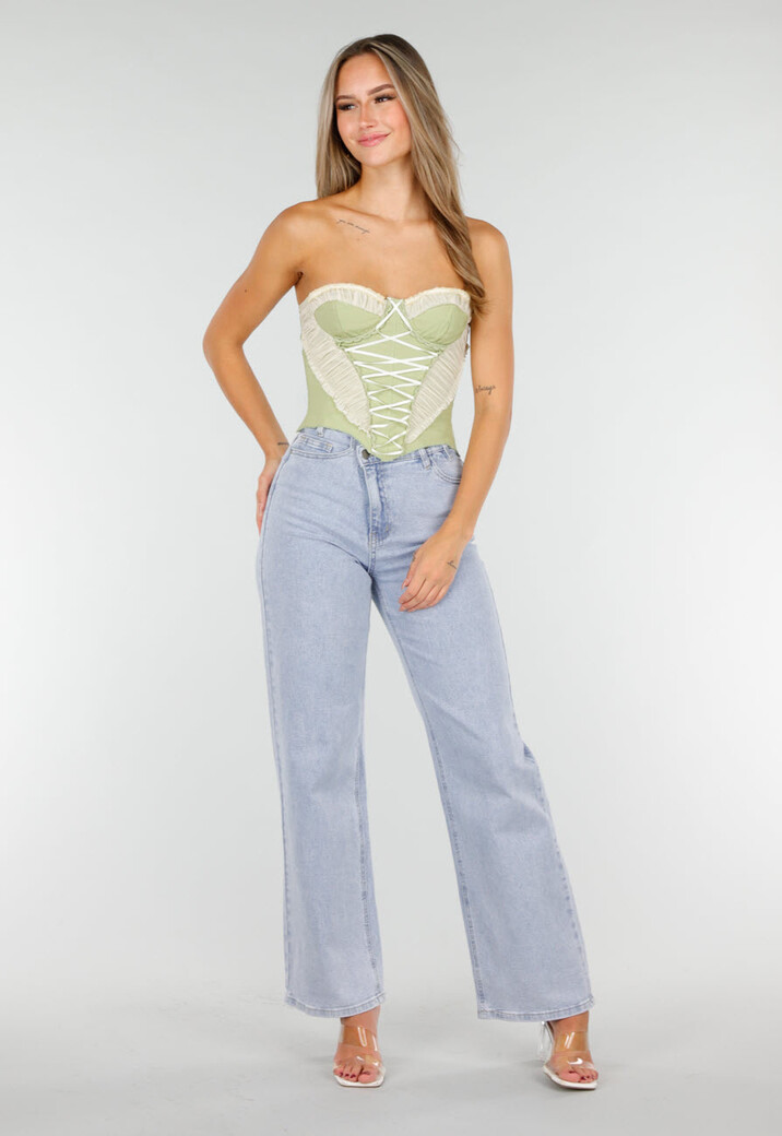 Groen Strapless Korset met Satijnen Veters