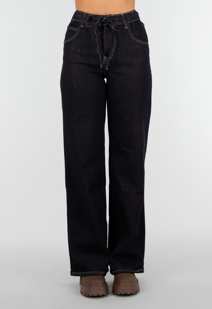 Donkerblauwe Wide Leg Jeans met Elastische Taille en Strikkoord
