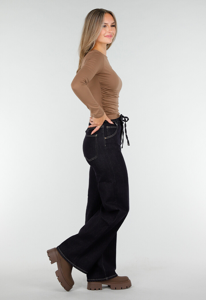Donkerblauwe Wide Leg Jeans met Elastische Taille en Strikkoord