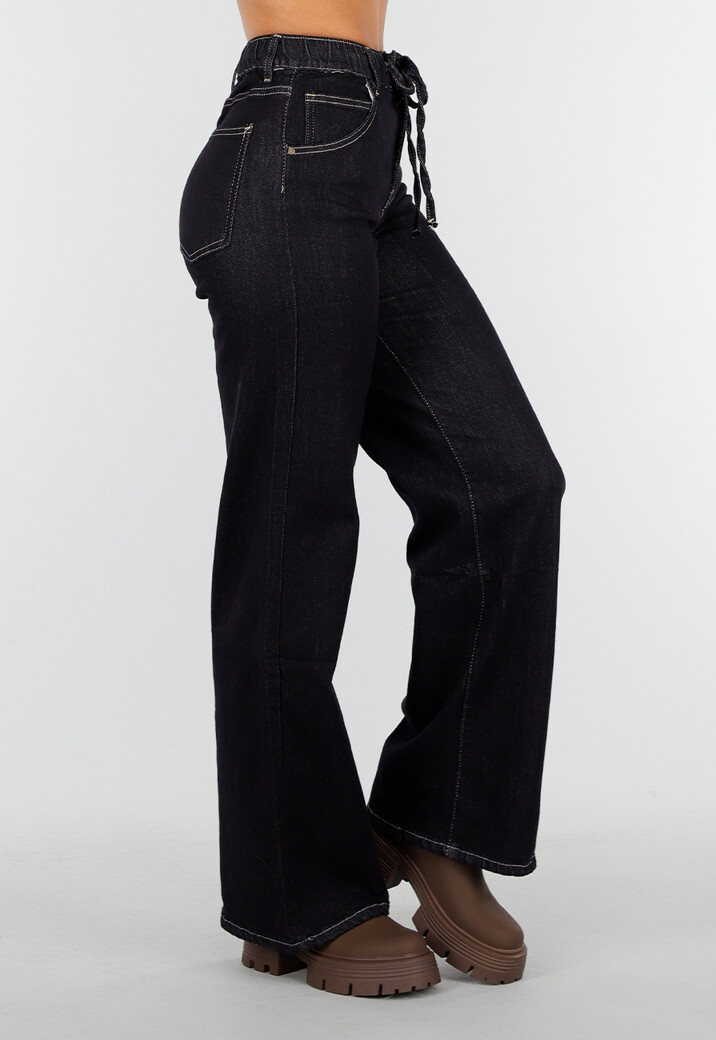 Donkerblauwe Wide Leg Jeans met Elastische Taille en Strikkoord