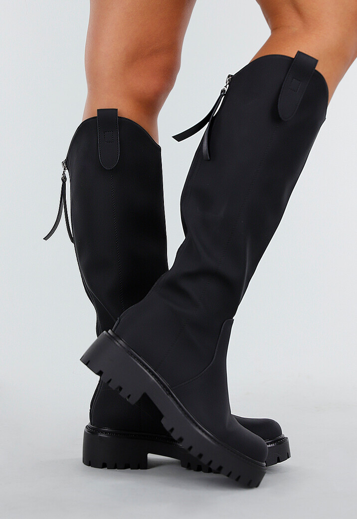 Zwarte Kniehoge Laarzen met Grove Zool en Rits