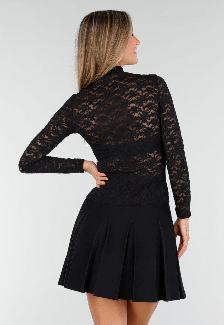 Zwarte Kanten Top met Col en Lange Mouwen