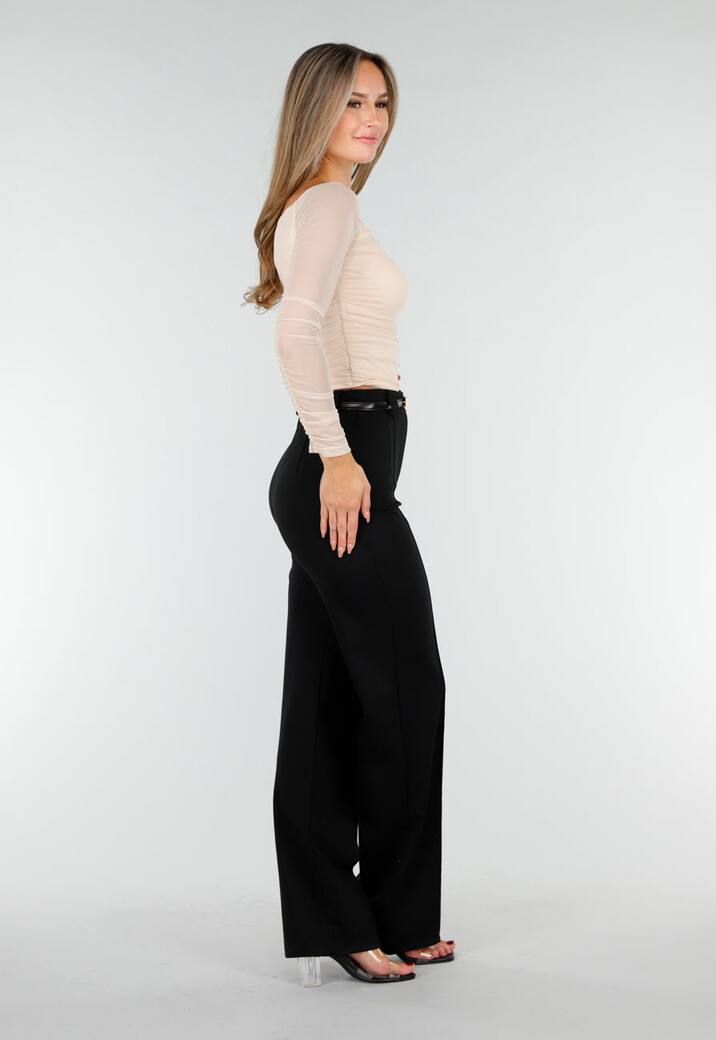 Beige Mesh Off Shoulder Top met Stretch en Lange Mouwen