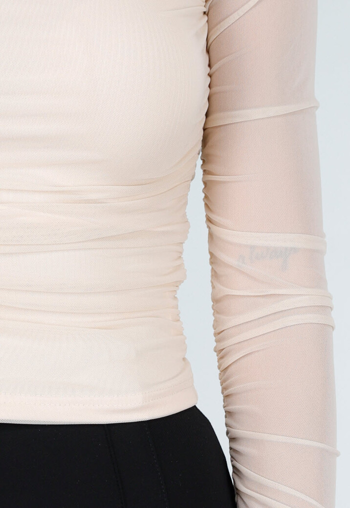 Beige Mesh Off Shoulder Top met Stretch en Lange Mouwen