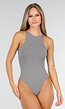 Grijze Stretch Bodysuit met Hoge Hals en String Achterkant