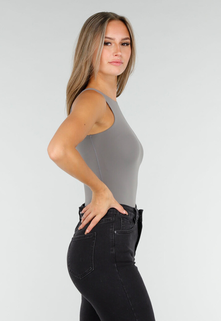 Grijze Stretch Bodysuit met Hoge Hals en String Achterkant