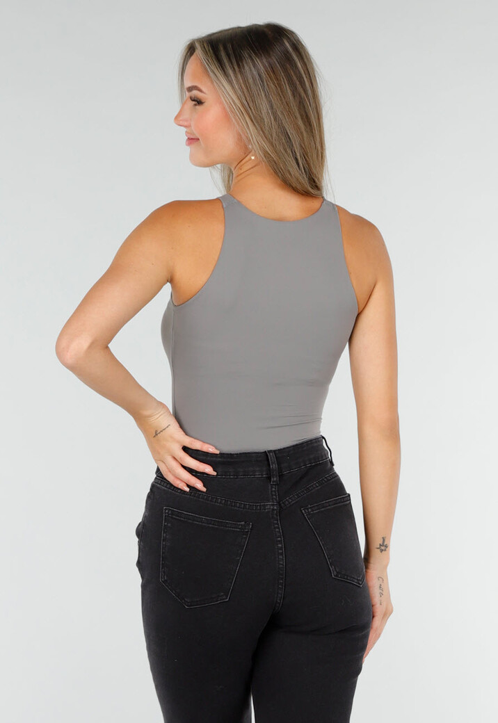Grijze Stretch Bodysuit met Hoge Hals en String Achterkant
