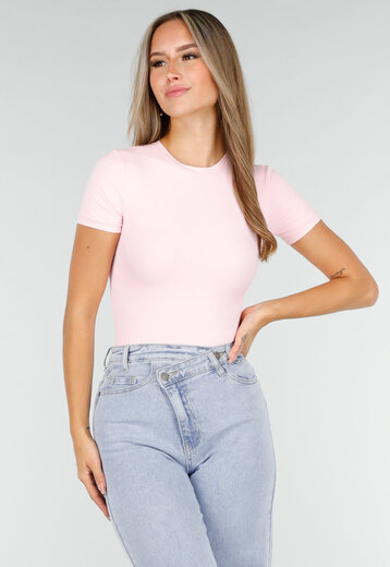 Roze Stretch Bodysuit Korte Mouw
