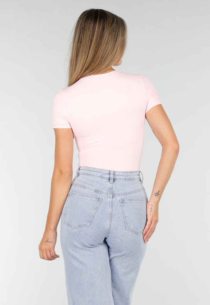 Roze Bodysuit met Korte Mouwen en String Achterkant