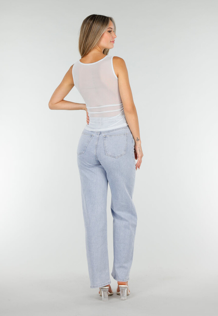 Lichtblauwe Mesh Crop Top met Rimpeldetail en Stretch