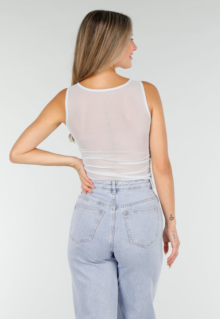 Lichtblauwe Mesh Crop Top met Rimpeldetail en Stretch