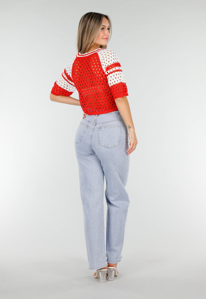 Rood-Witte Gehaakte Jersey Crop Top met Nummerprint