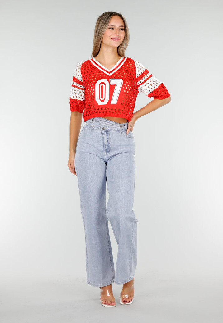 Rood-Witte Gehaakte Jersey Crop Top met Nummerprint