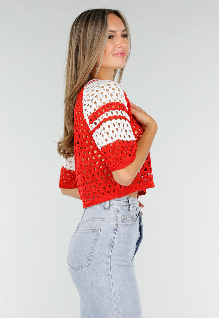 Rood-Witte Gehaakte Jersey Crop Top met Nummerprint