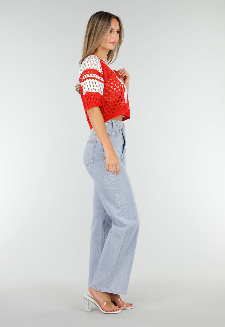 Rood-Witte Gehaakte Jersey Crop Top met Nummerprint