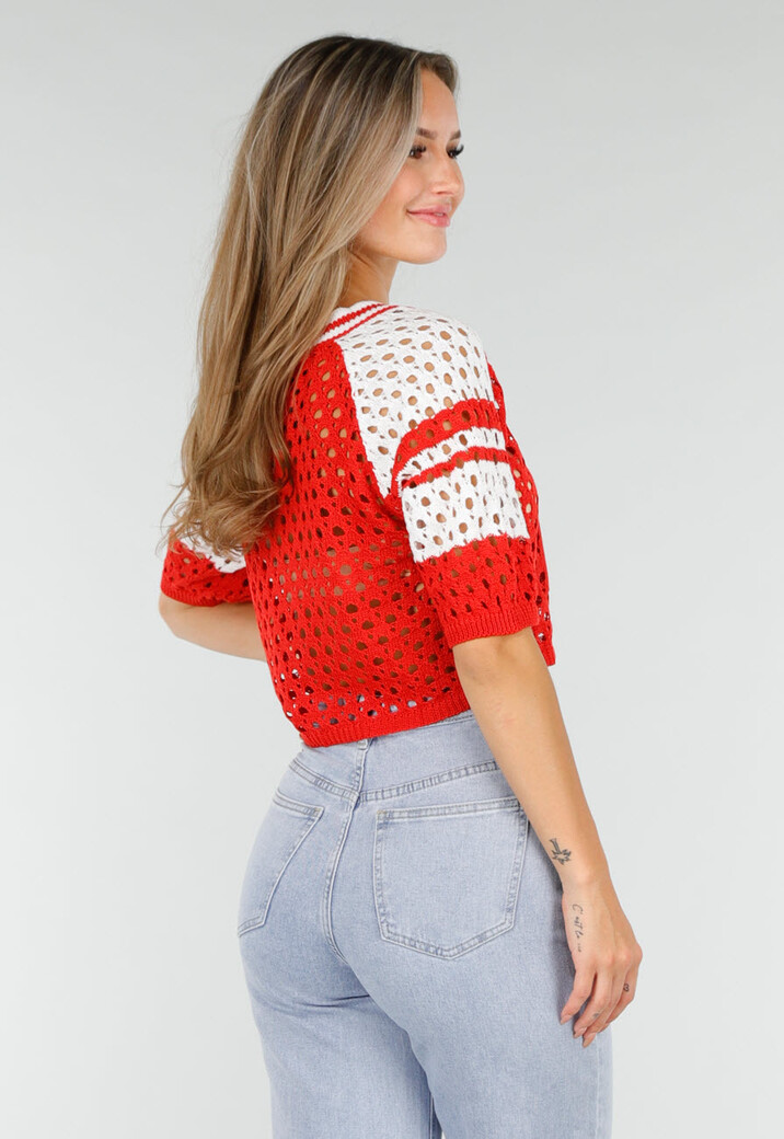 Rood-Witte Gehaakte Jersey Crop Top met Nummerprint