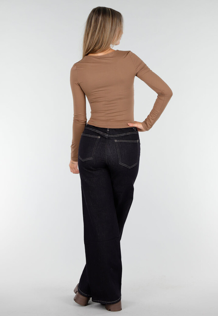 Taupe Stretch Top met Plooitjes en Lange Mouwen