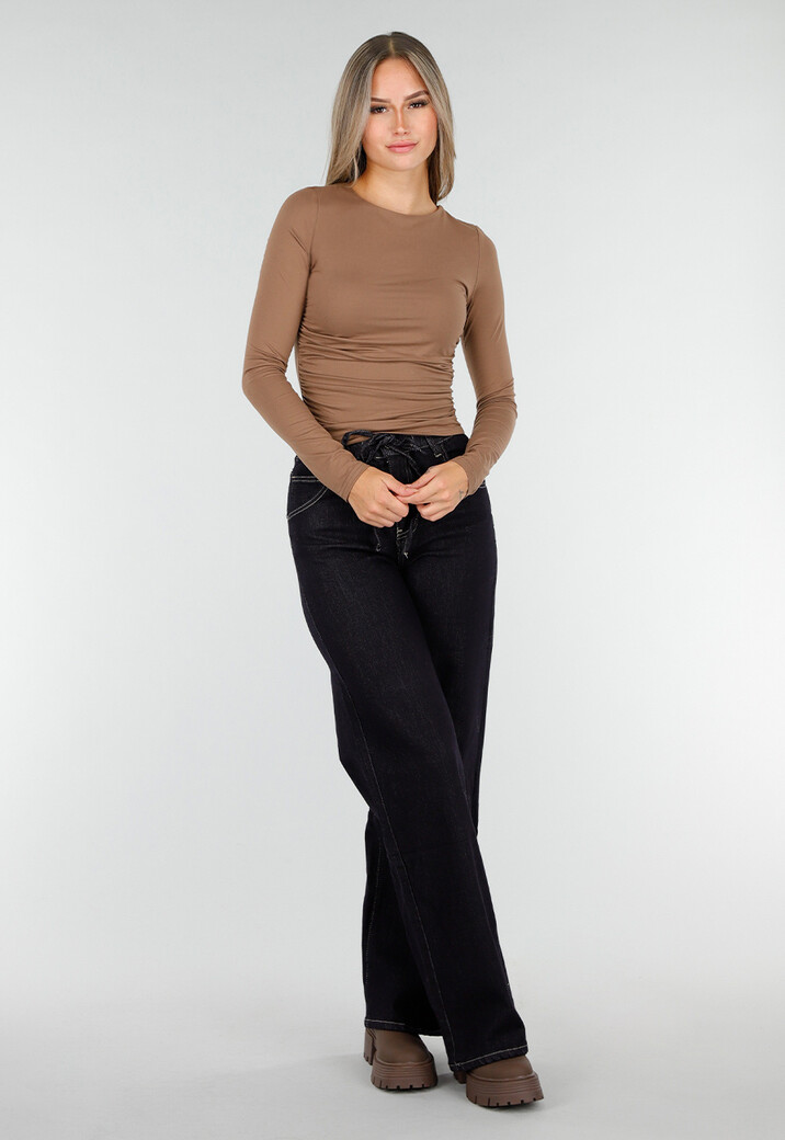 Taupe Stretch Top met Plooitjes en Lange Mouwen