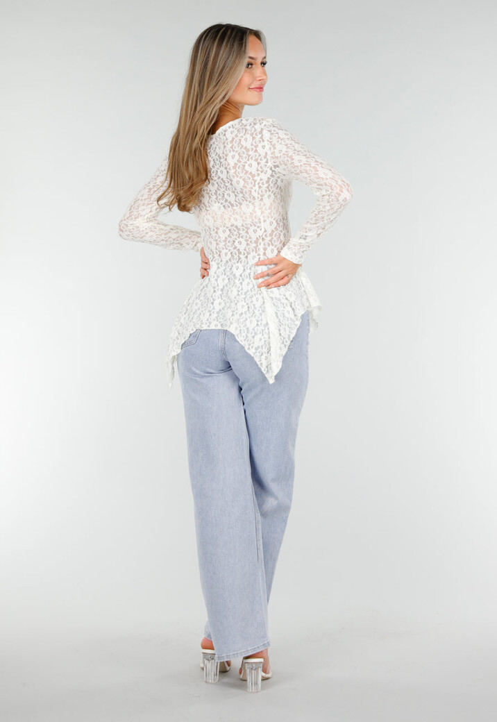 Witte Kanten Peplum Top met Knopen en Lange Mouwen