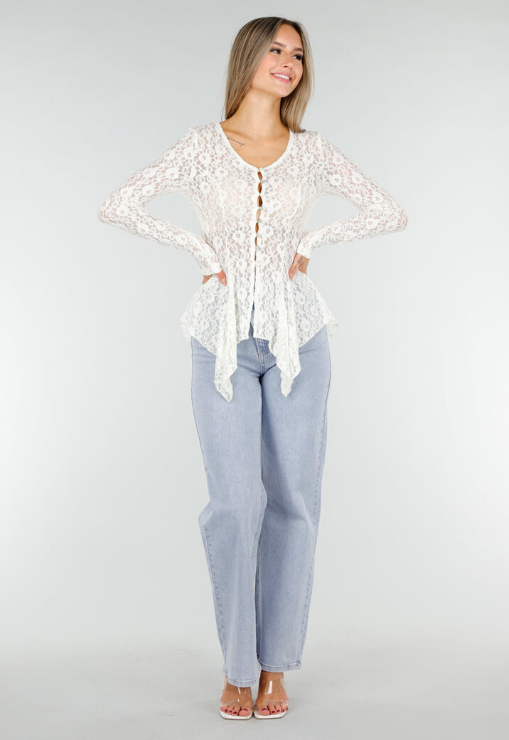 Witte Kanten Peplum Top met Knopen en Lange Mouwen