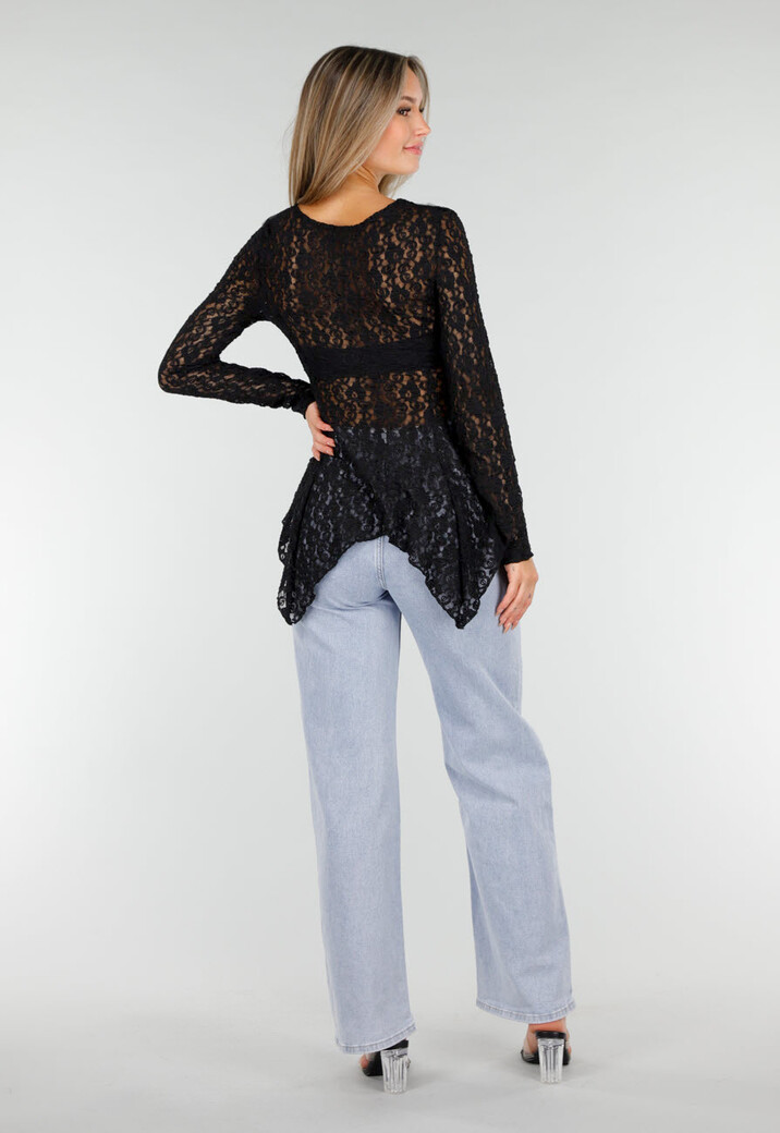 Zwarte Kanten Peplum Top met Knopen