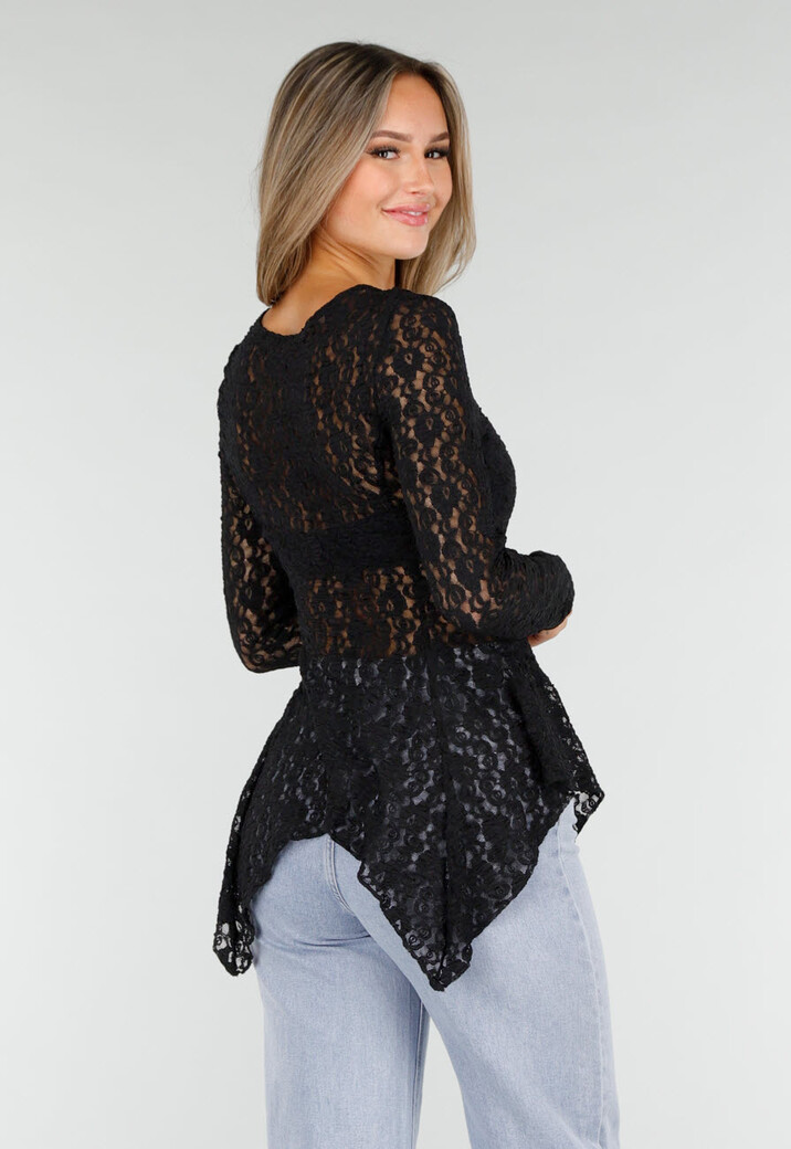 Zwarte Kanten Peplum Top met Knopen