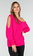 Fuchsia Gebreide Trui met Cut Out en Off Shoulder