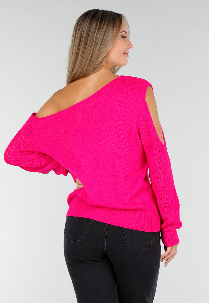 Fuchsia Gebreide Trui met Cut Out en Off Shoulder