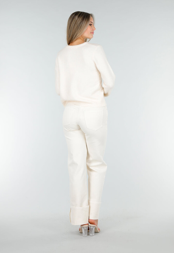 Crème Gebreid Vest met Knoopsluiting en Lange Mouwen