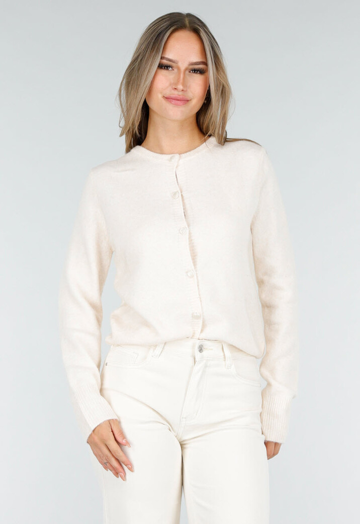 Crème Gebreid Vest met Knoopsluiting en Lange Mouwen