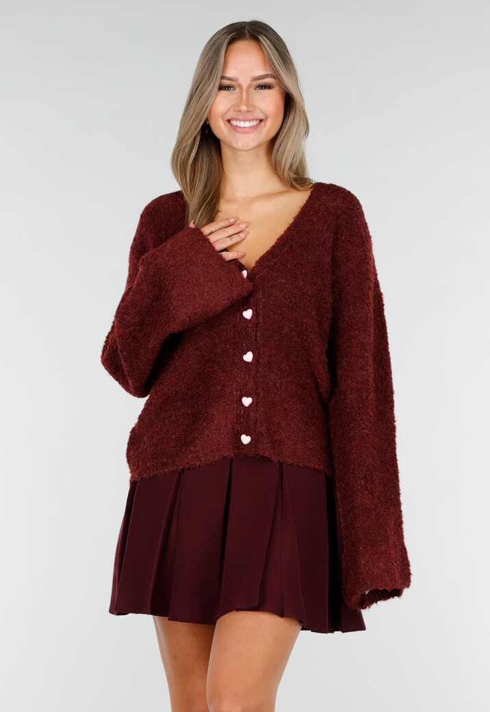 Bordeauxrood Zacht Vest met Hartvormige Knopen en V-Hals