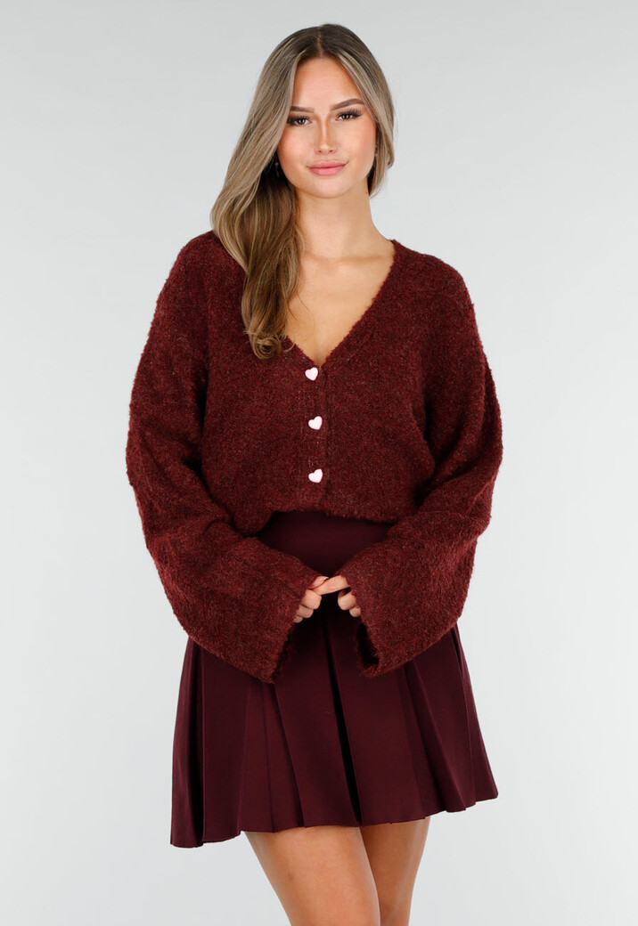 Bordeauxrood Zacht Vest met Hartvormige Knopen en V-Hals