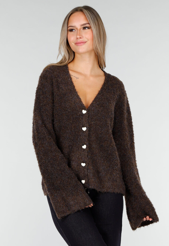 Donkerbruin Zacht Vest met Hartvormige Knopen en V-Hals