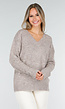 Beige Melange Trui met V-Hals en Zachte Pluizige Structuur