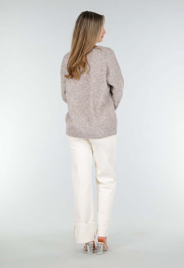 Beige Melange Trui met V-Hals en Zachte Pluizige Structuur