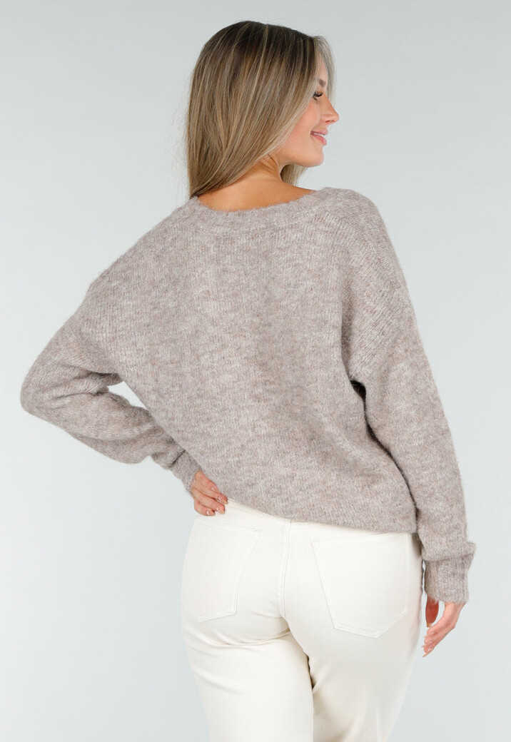 Beige Melange Trui met V-Hals en Zachte Pluizige Structuur