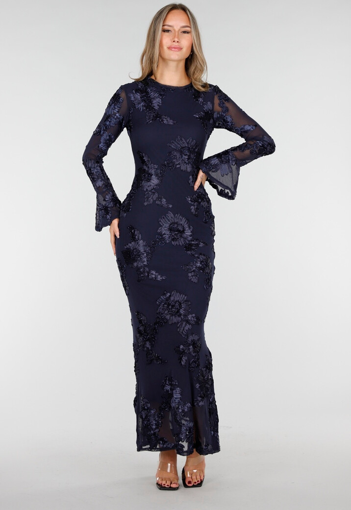 Donkerblauwe Jurk met Stretch en Bloemen
