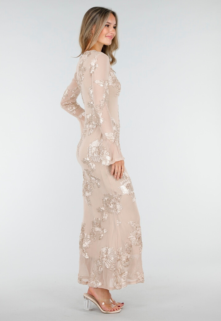 Beige Lange Jurk met Stretch en Glanzende Bloemenstructuur