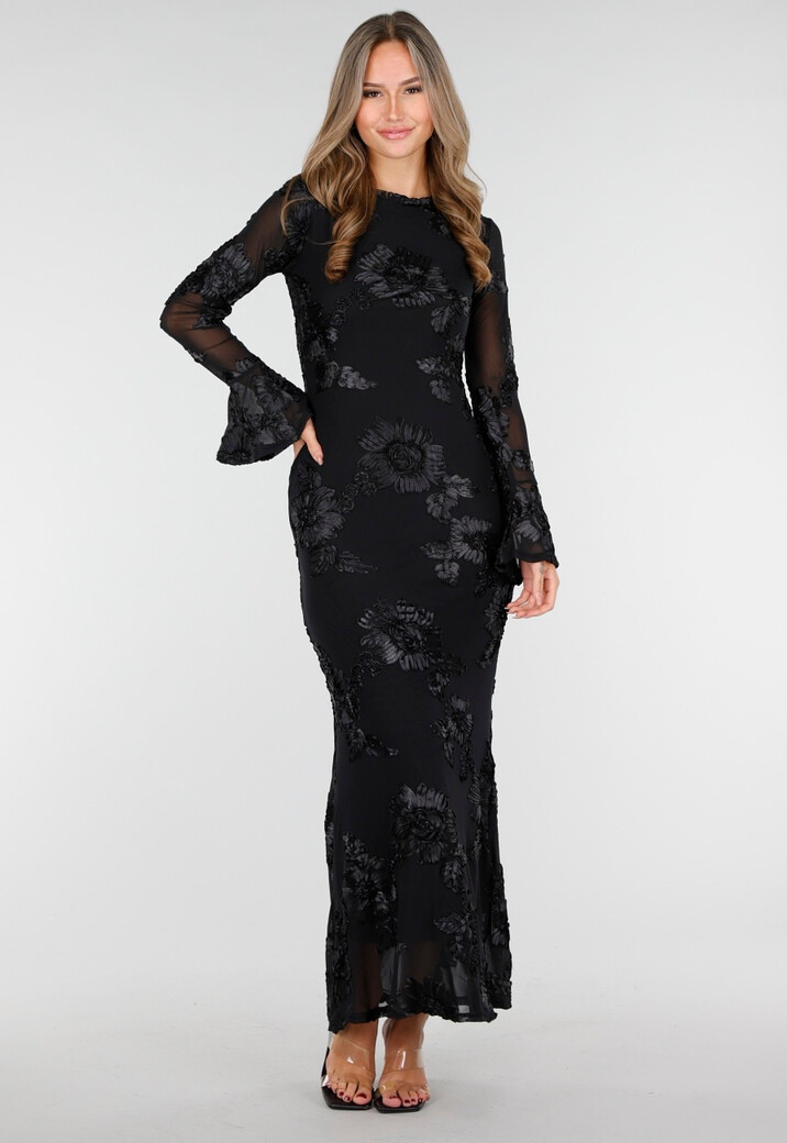Zwarte Lange Jurk met Stretch en Bloemenstructuur