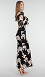 Zwarte Lange Jurk met Stretch en Beige Bloemenprint